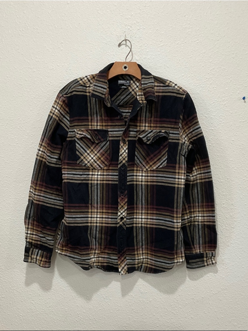 O'Neill Plaid Flannel Button Down Shirt in Black and Tan